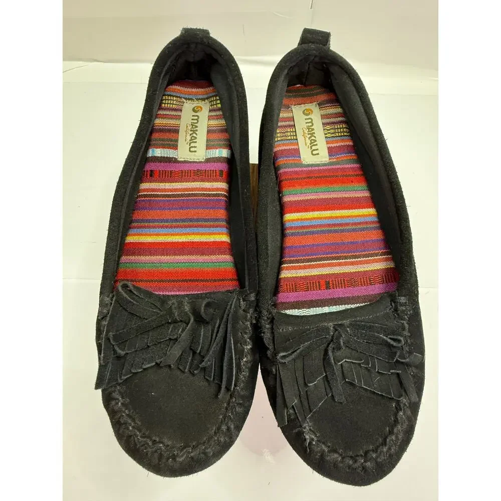 Makalu Black Suede Moccasin Flats Fringe Boho Tribal Lined Slip On Shoes 7.5